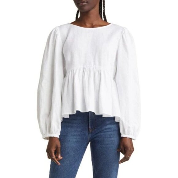 REFORMATION Rumi Long Sleeve Linen Babydoll Blouse In White - Picture 1 of 12